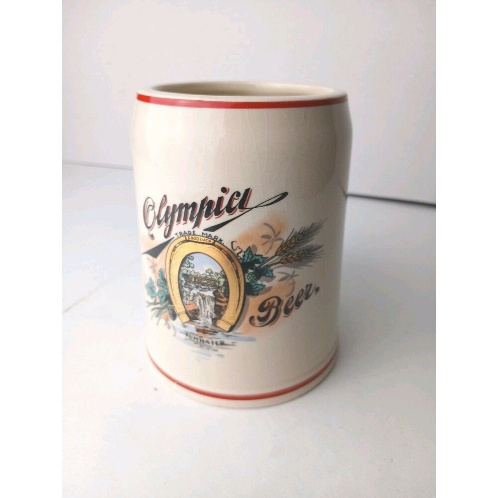 Vintage Olympia Beer 1/2 Liter Ceramic Stein Mug Horseshoe Waterfall Advertising
